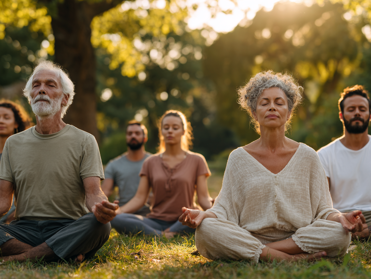 Група різновікових людей медитує разом на природі в спокійній атмосфері, демонструючи єдність та гармонію практики йоги