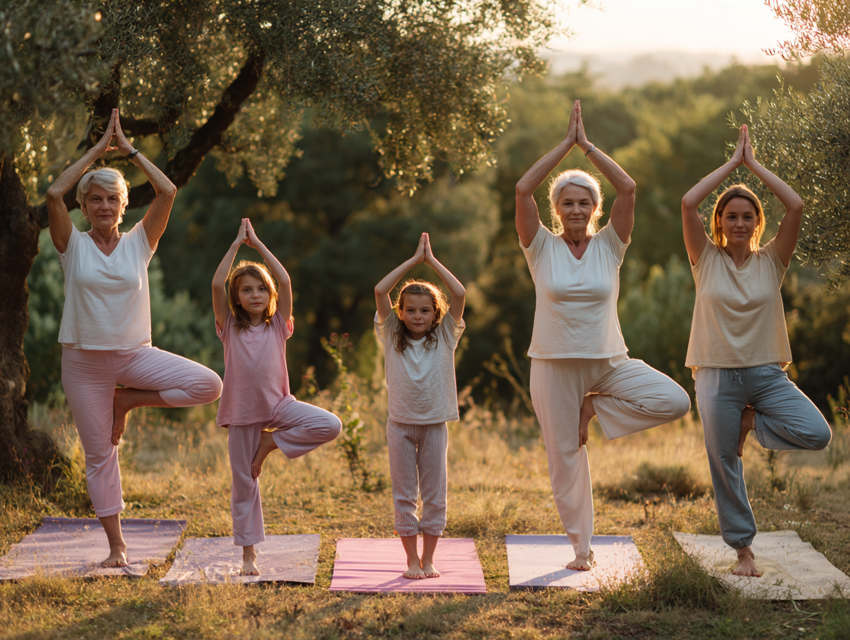 Сім'я різного віку практикує йогу на природі в спокійній атмосфері, демонструючи гармонію та баланс
