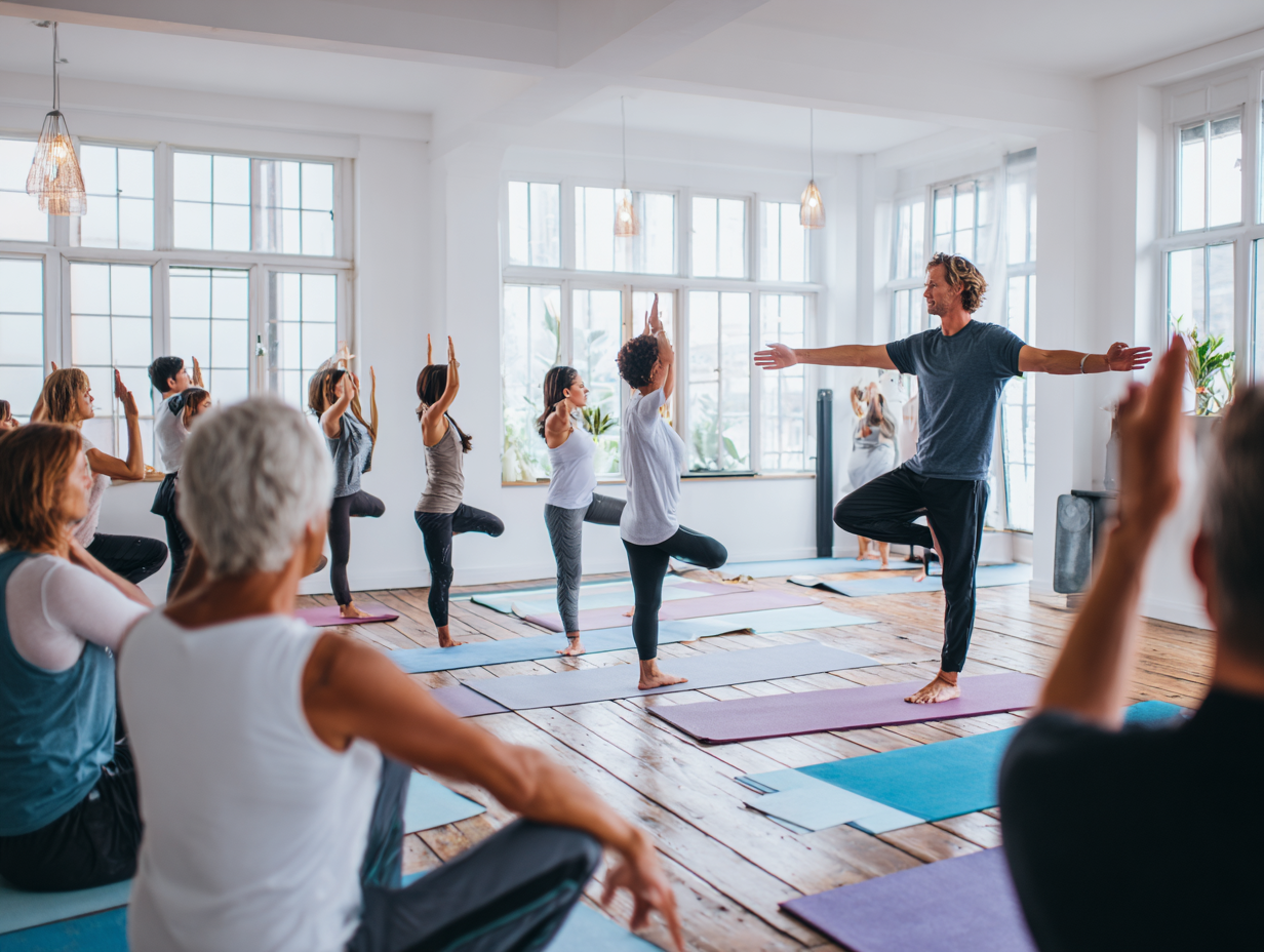 Інструктор демонструє правильну техніку виконання асан різновіковим учасникам у світлій студії йоги